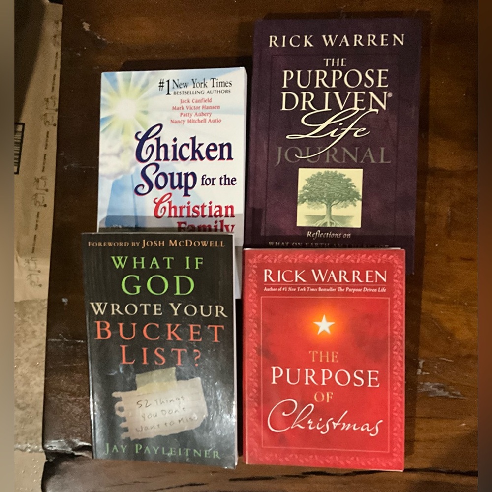4 bks:Chicken Soup..God Wrote..Bucket List, Purpose Driven Journal,Purpose  Xmas